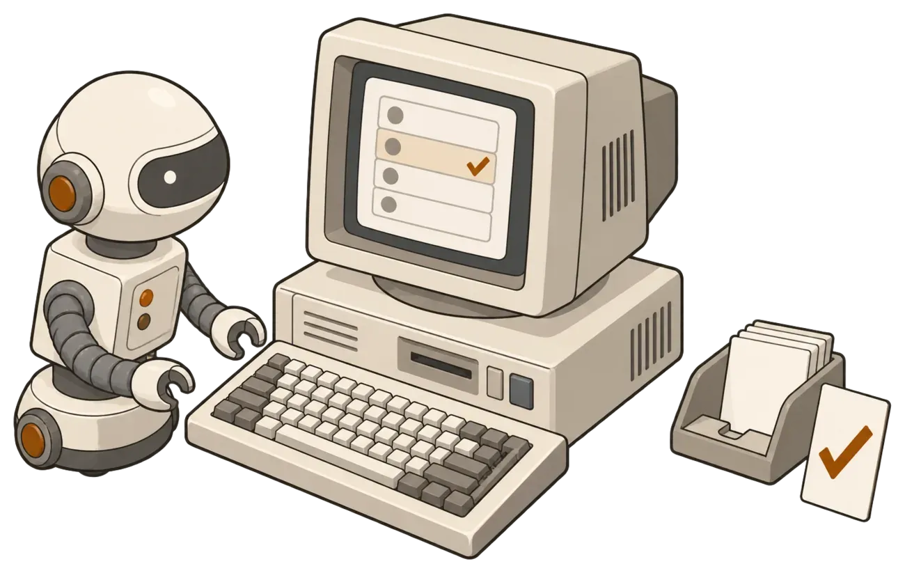 Kreslená ilustrácia: malý retro robot s vajcovitou hlavou pracuje pri béžovom počítači z osemdesiatych rokov so zoznamom úloh, vedľa zásobník dokumentov s jednou vyňatou a odsúhlasenou kartou